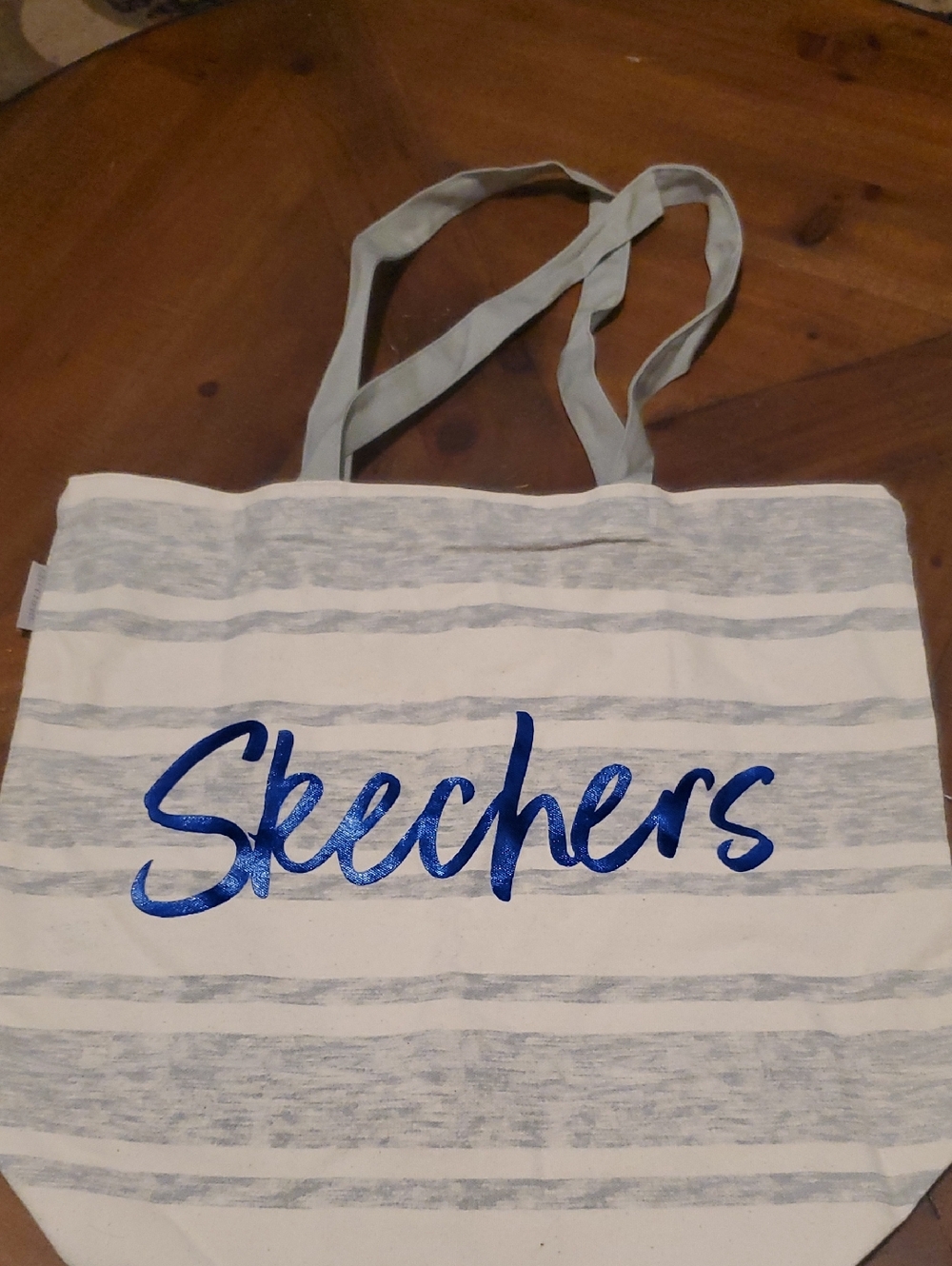 Skechers White and Light Gray Striped Tote with Blue Logo